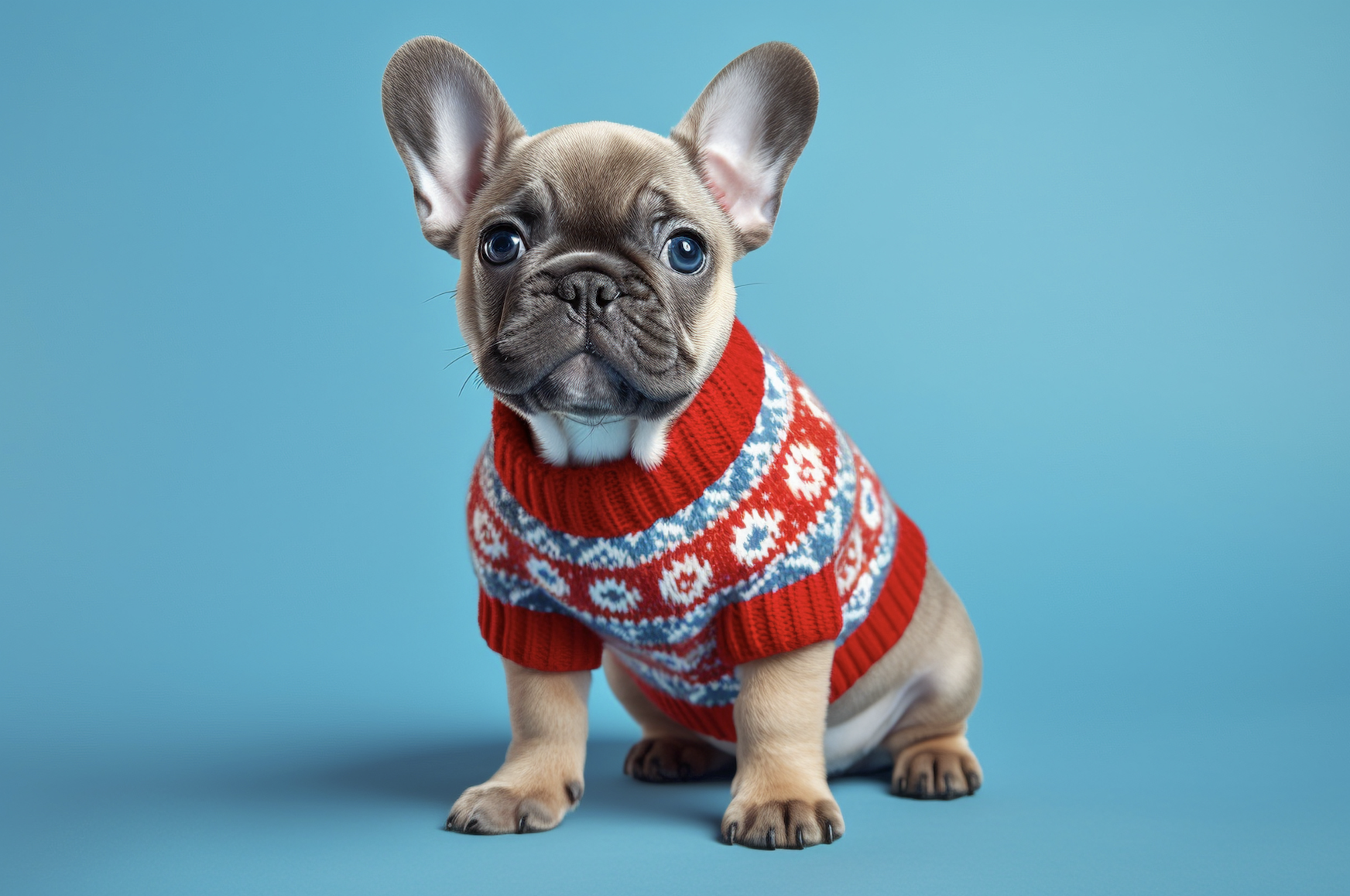 French Bulldog puppy wearing red and white Fair Isle Christmas sweater
